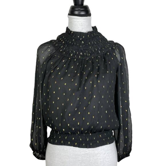 Ann Taylor | Black Chiffon Metallic Clip Smocked Ruffle Neck Top Career Blouse - Picture 4 of 13